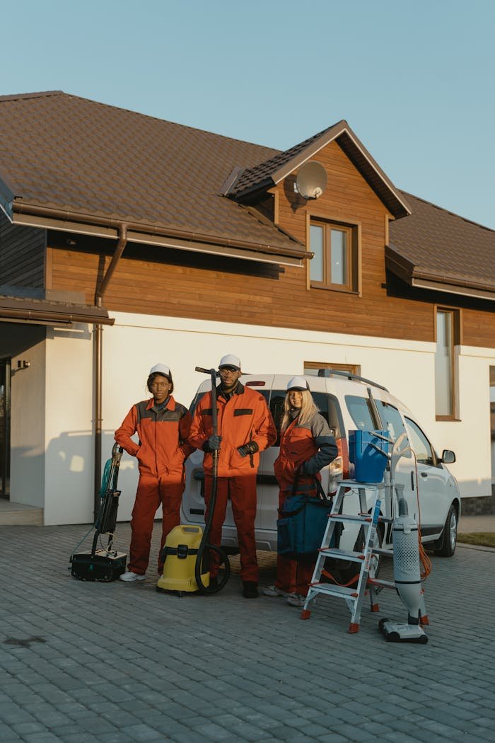 3 Men in Orange and Black Uniform Standing Beside White and Brown House